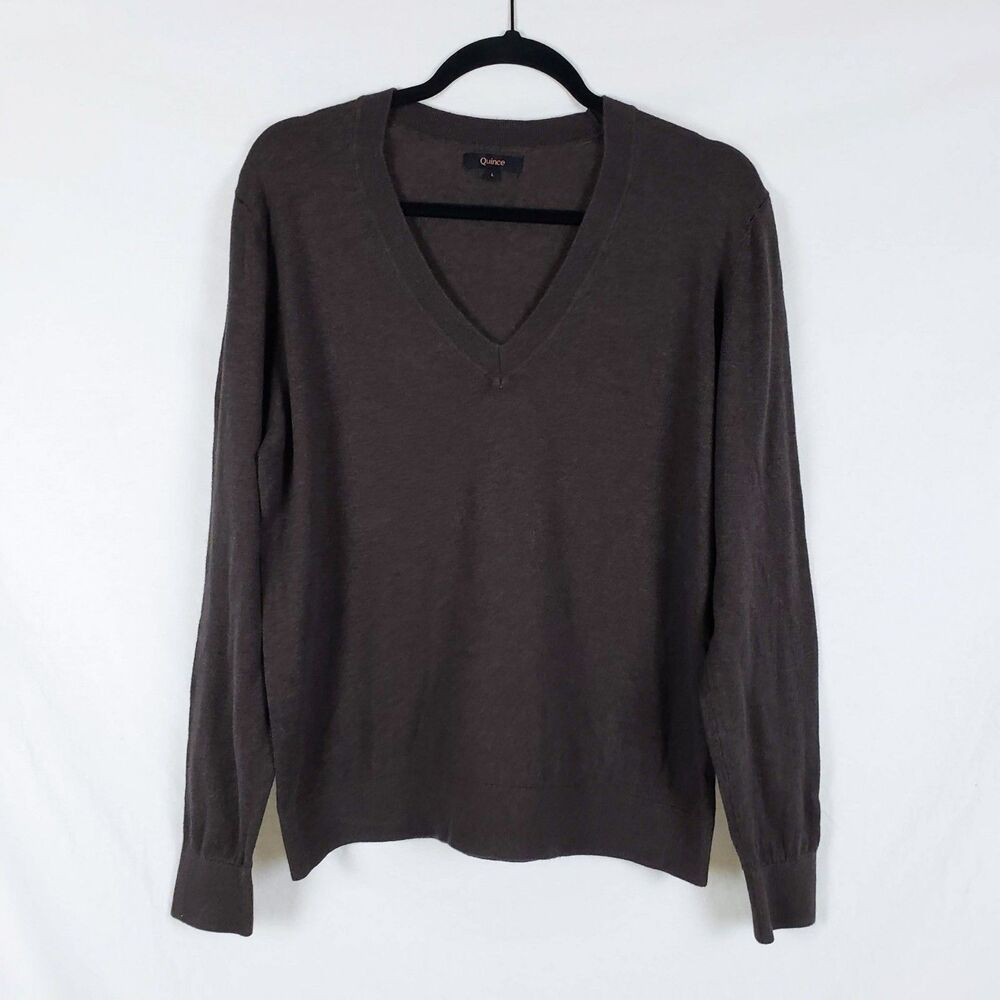 Quince Lightweight Cotton Cashmere V-Neck Sweater Womens L Brown Minimalist